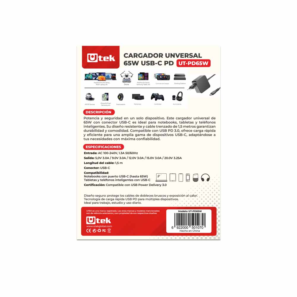 Cargador Universal 65W USB-C PD Laptop UT-PD65W