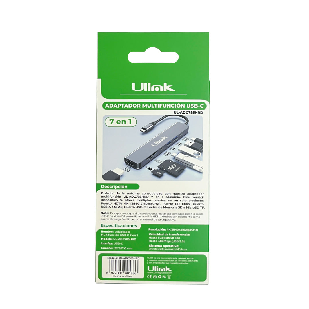 Adaptador Multifunción USB-C 7 en 1 HDMI 4K PD Ulink