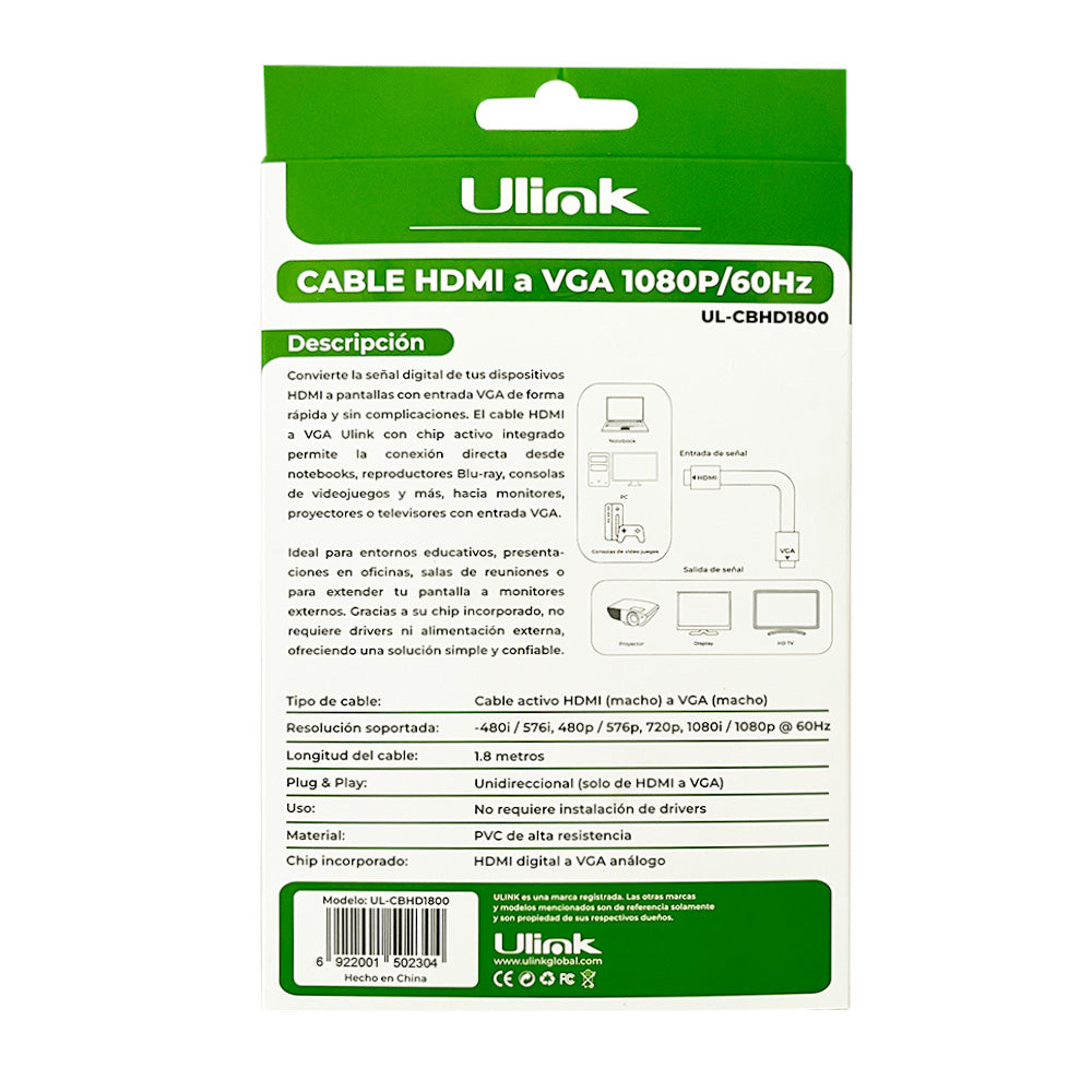 Cable HDMI a VGA 1080p 60Hz 1.8m Monitor PC UL-CBHD1800