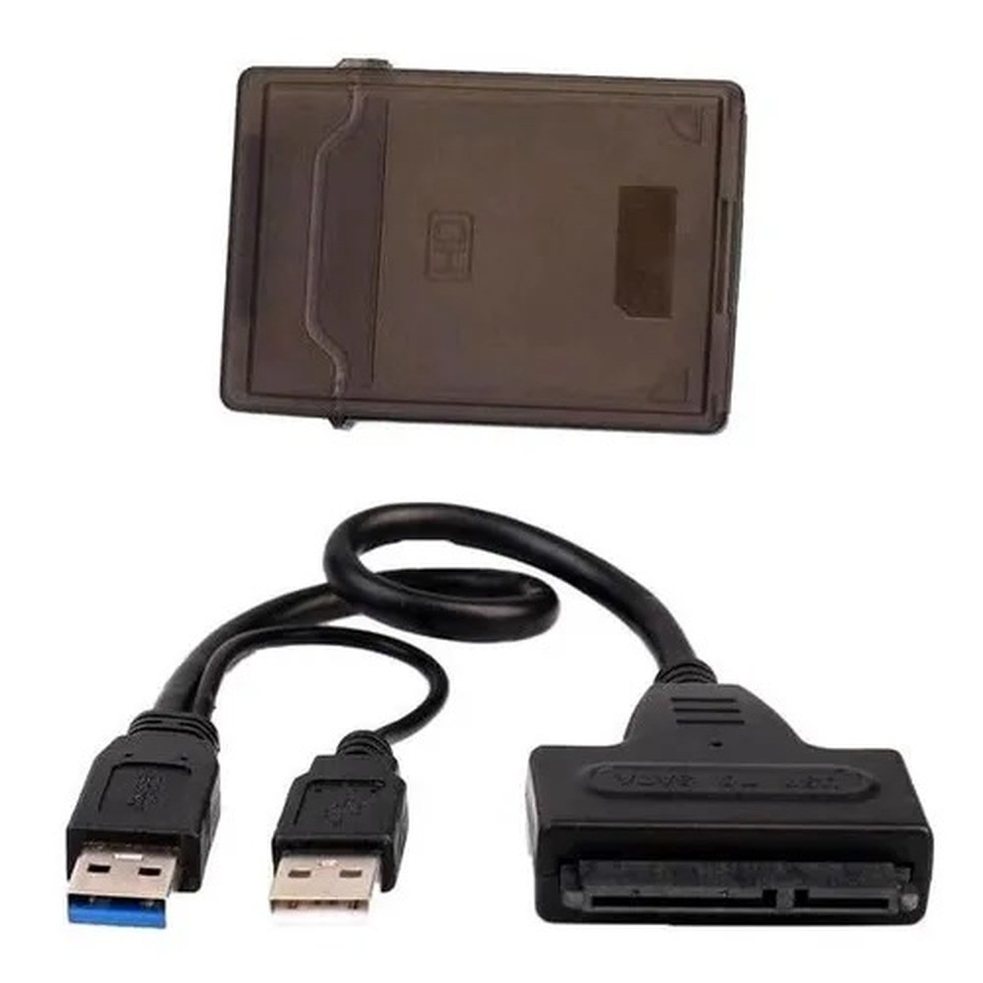Adaptador USB 2.0 A Sata Con Doble USB + Puerto Dc + Caja Cable - color negro