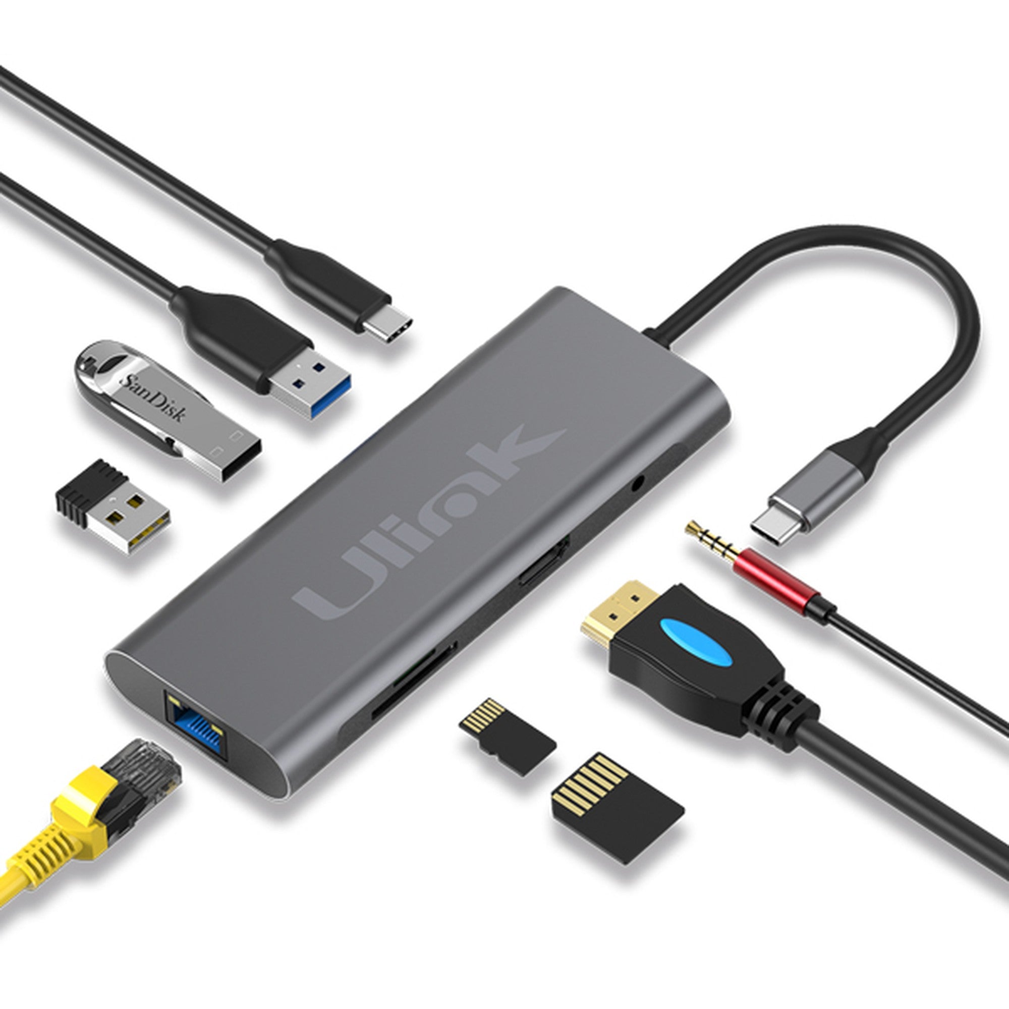Adaptador USB C Multipuerto 9 en 1 USB HDMI Red Memoria y Au - adaptador multipuerto