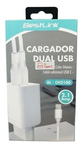 Cargador Con Cable USB Tipo C Dual USB 2.1amp - puertos carga