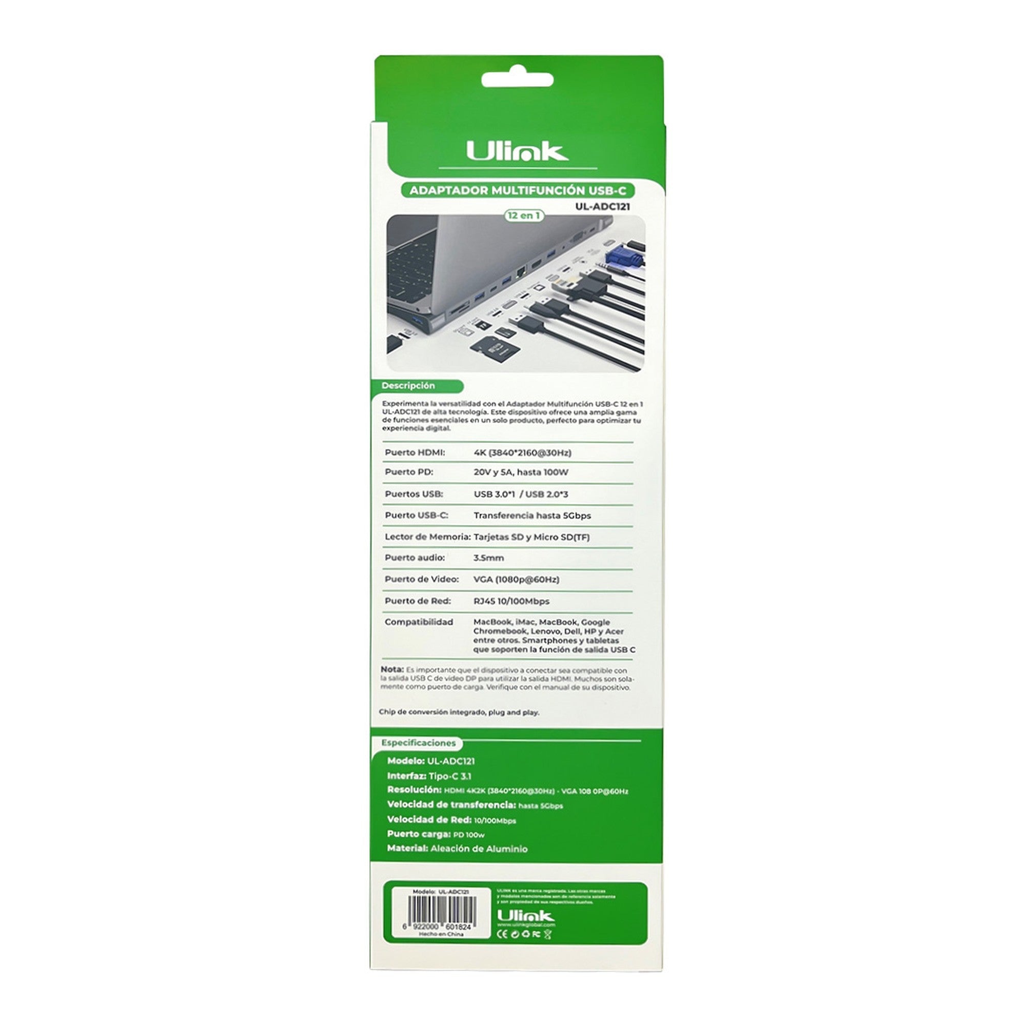 Adaptador Multipuerto USB C 12 en 1 UL - ADC121 de Aluminio