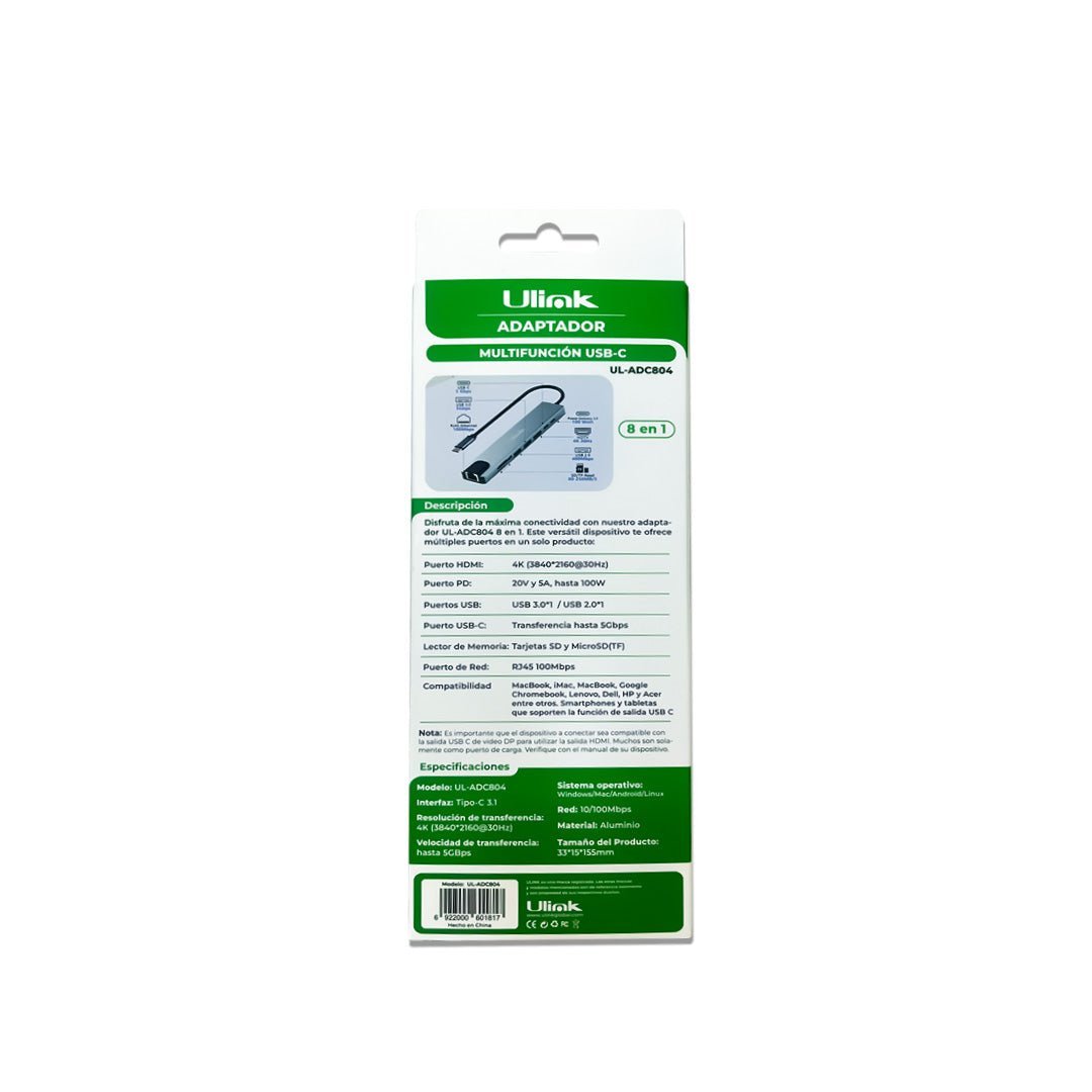 Adaptador Multipuerto USB - C 8 en 1 Ulink UL - ADC804