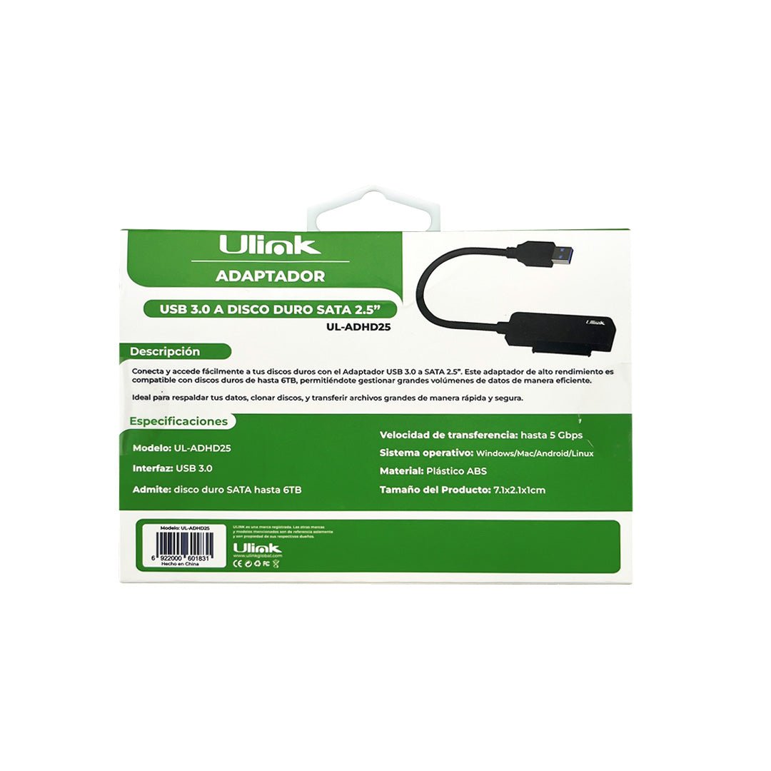 Adaptador USB 3.0 a SATA Discos 2.5 SSD HDD UL-ADHD25