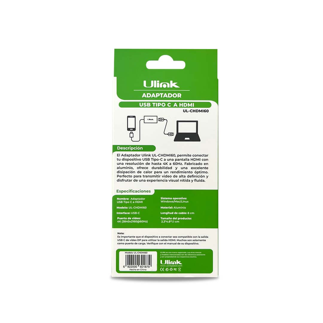 Adaptador USB C a HDMI 4K 60Hz MacBook PC UL-CHDMI60