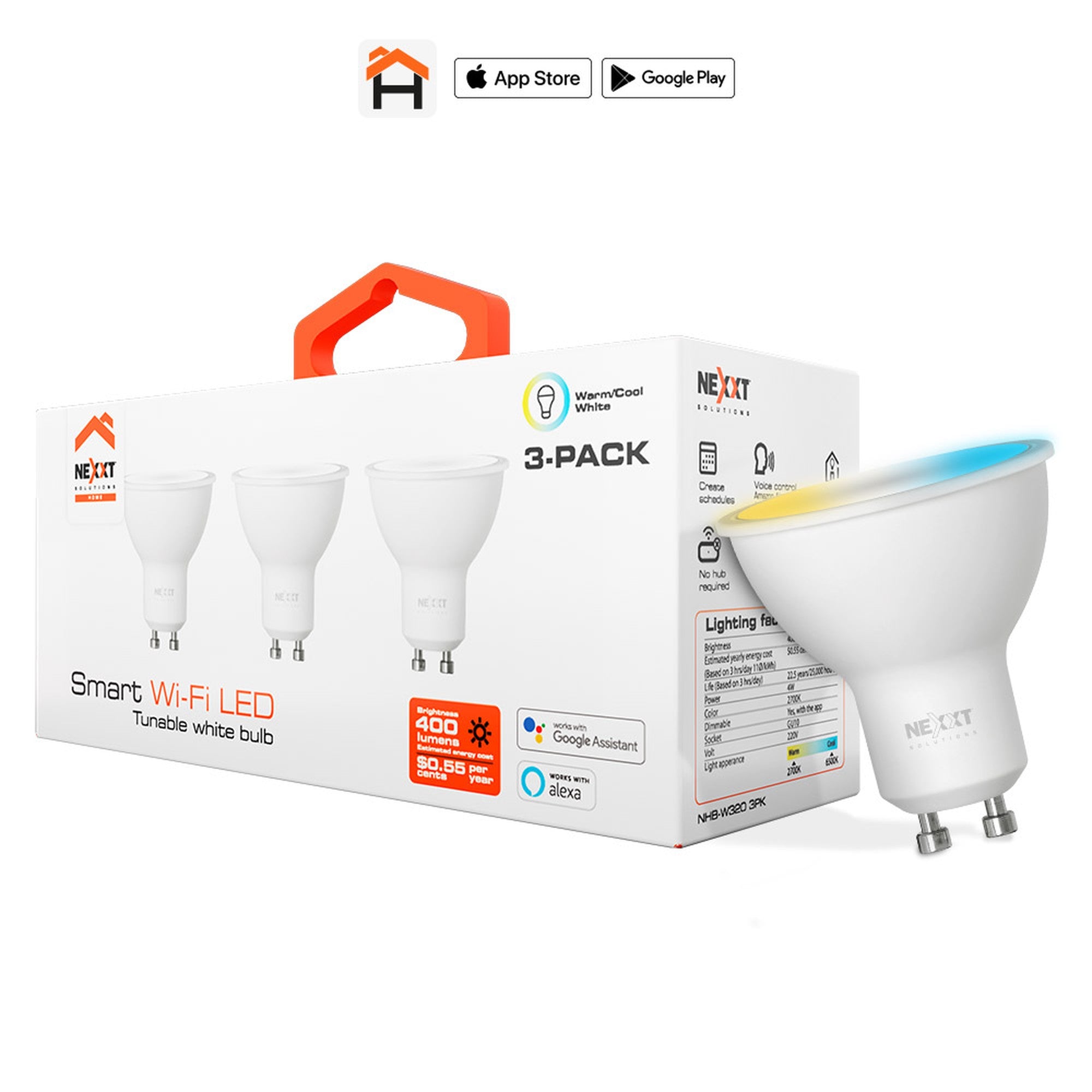 Ampolleta Bombilla Led Inteligente Wifi Nexxt GU10 Pack X3 N - nexxt smart