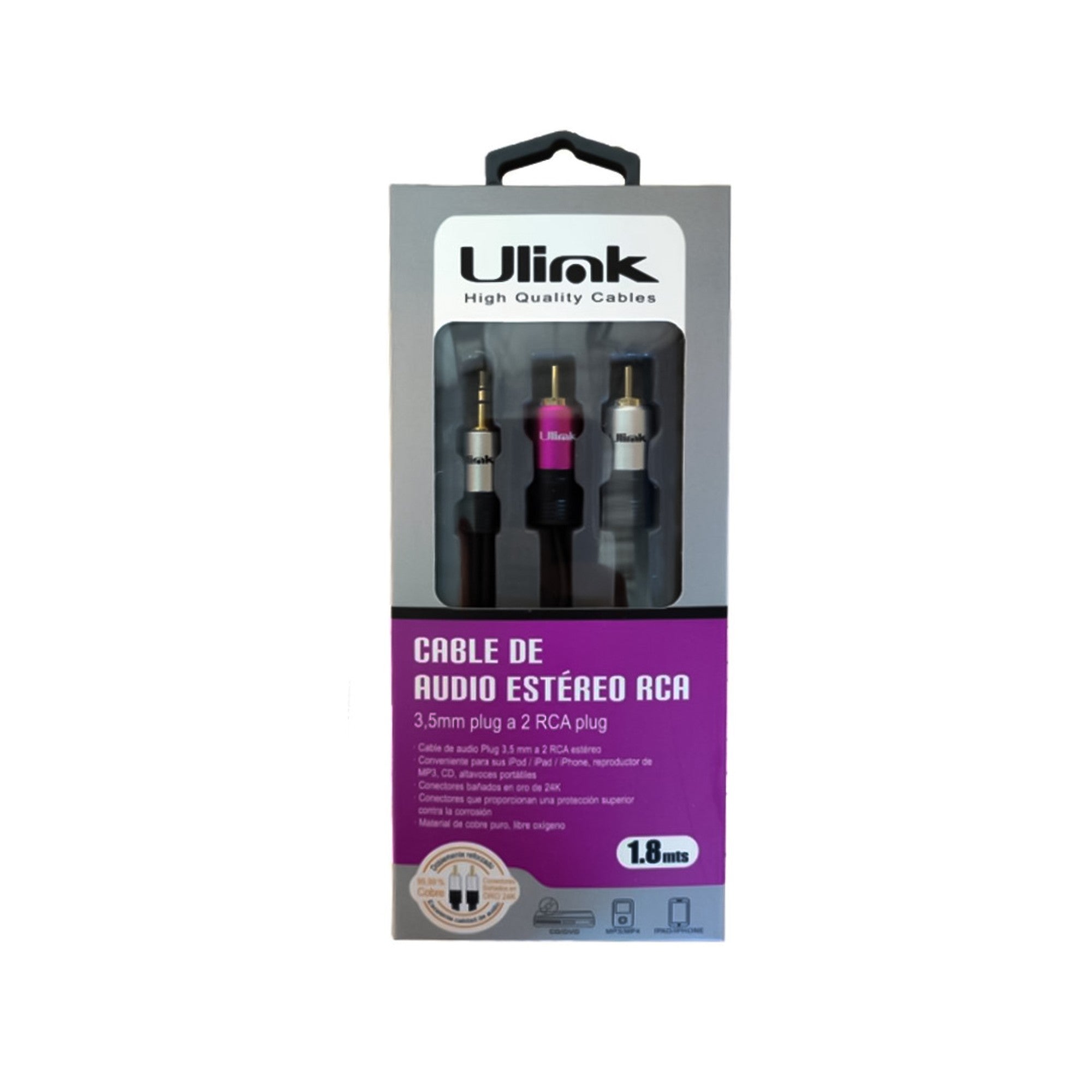 Cable De Audio 3,5mm a 2 RCA De 1,8 Mts De Alta Fidelidad