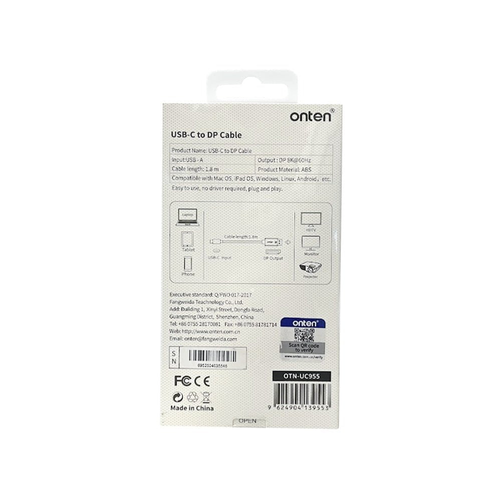 Cable USB - C a DisplayPort 8K 60Hz Onten OTN - UC955 1.8 m