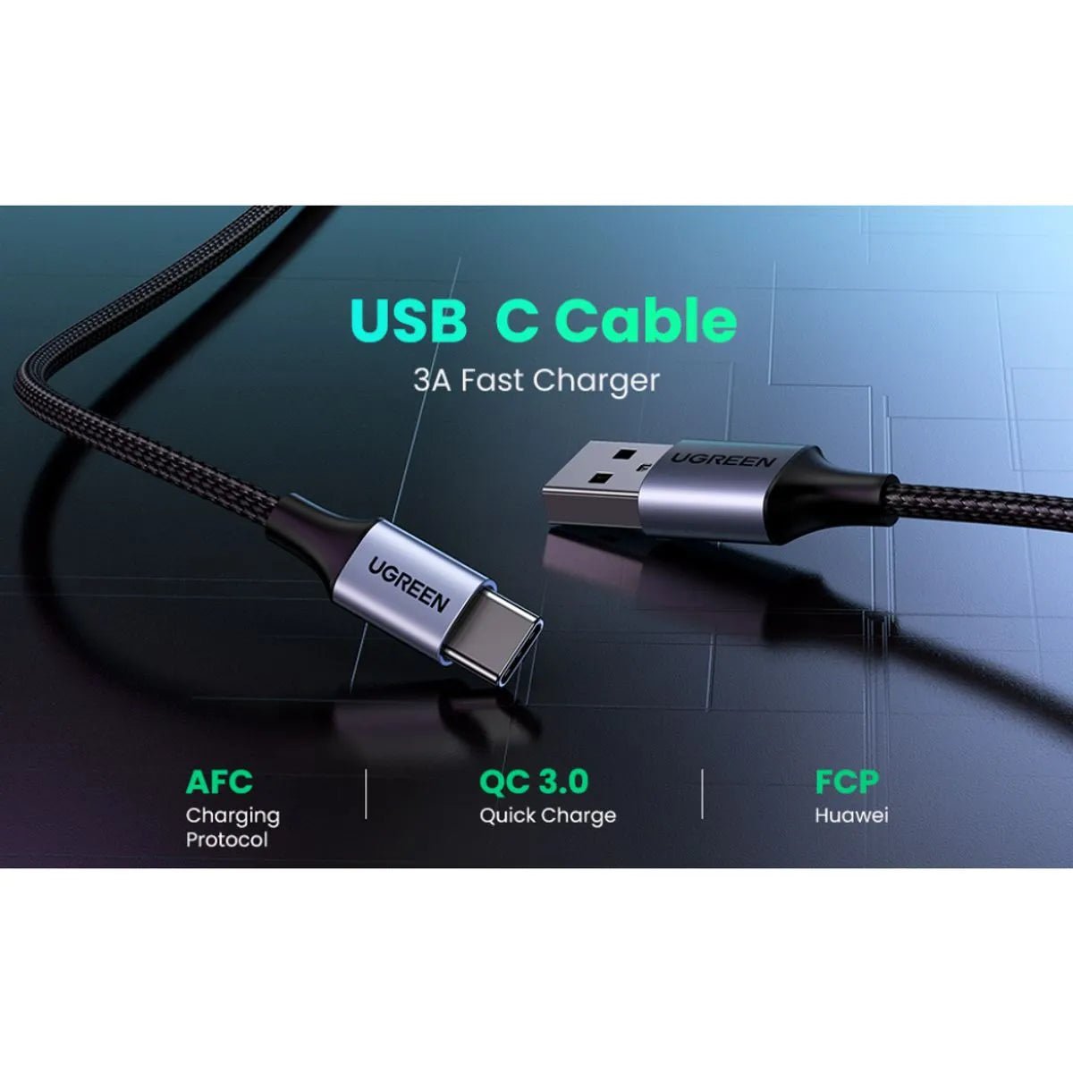 Cable USB - C a USB - A UGREEN 3A 2m Nylon Trenzado US288 Negro