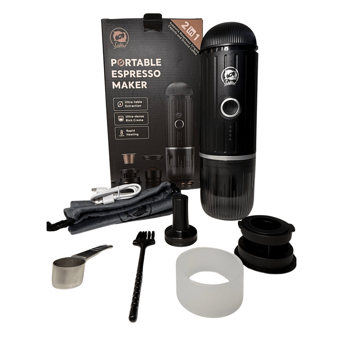 Cafetera portátil para Cápsulas y Café Molido con Calentador de Agua