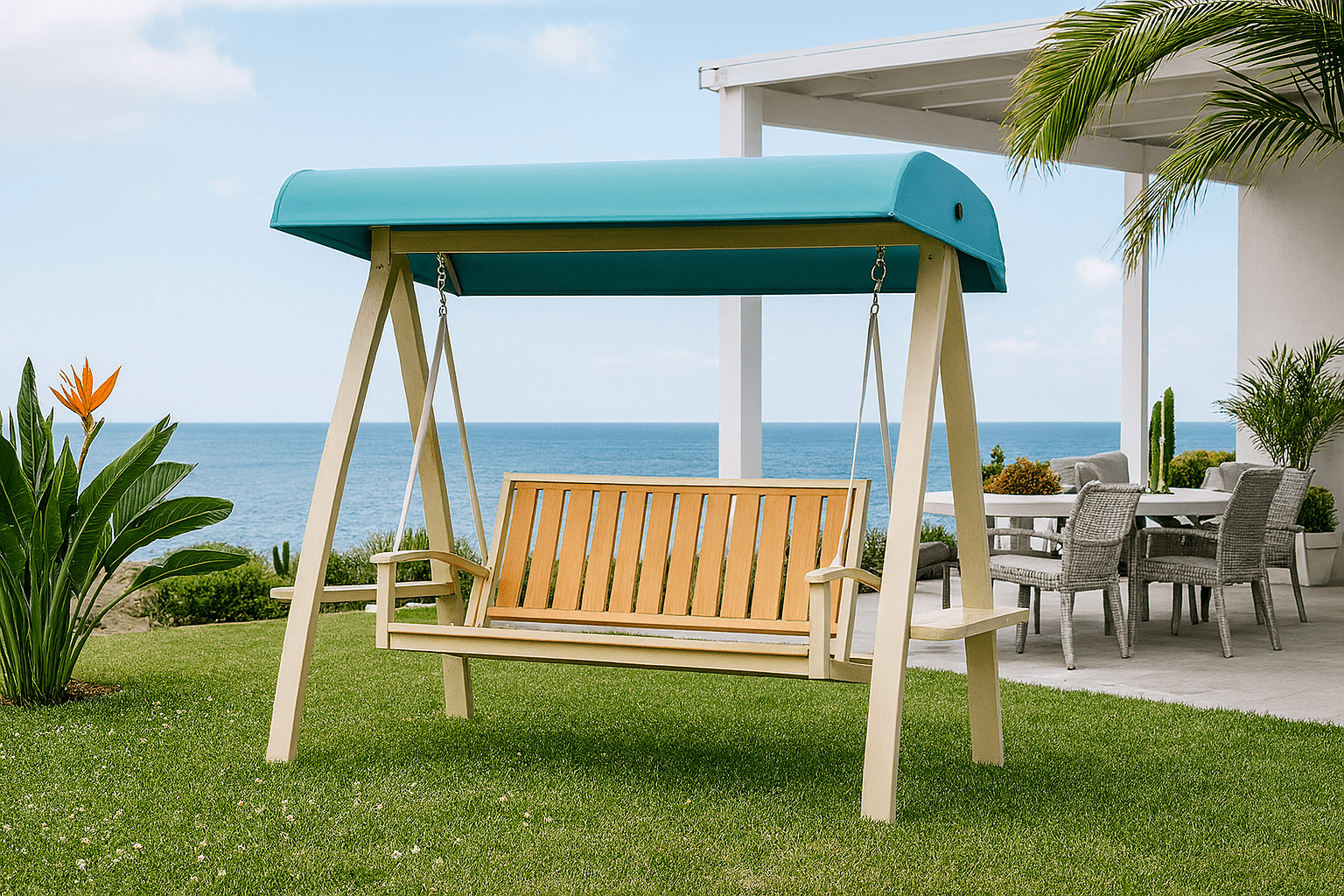 Columpio de Jardín Metálico con Techo y Asiento de Madera