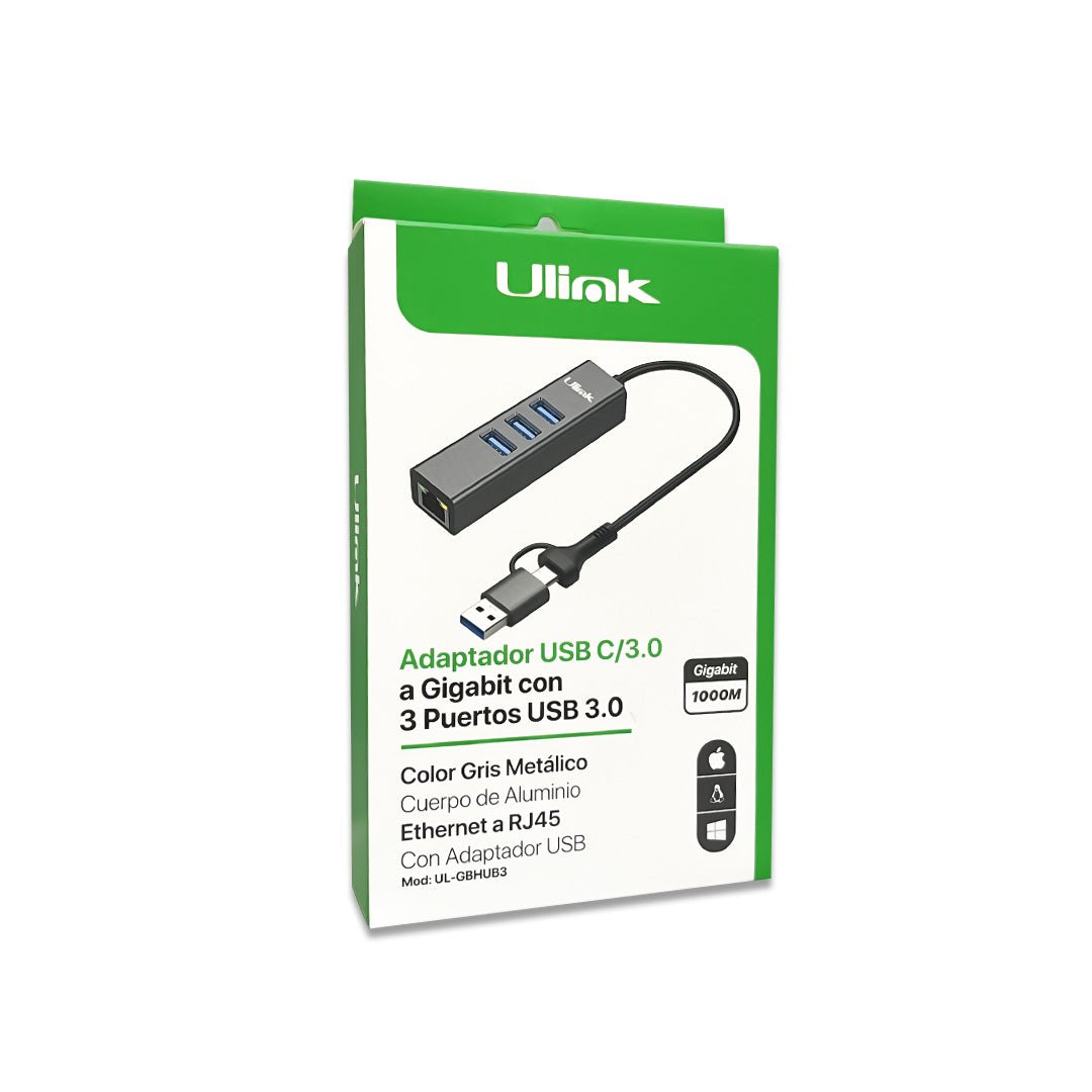 Hub USB C y USB A a Gigabit Ethernet 3 Puertos USB 3.0
