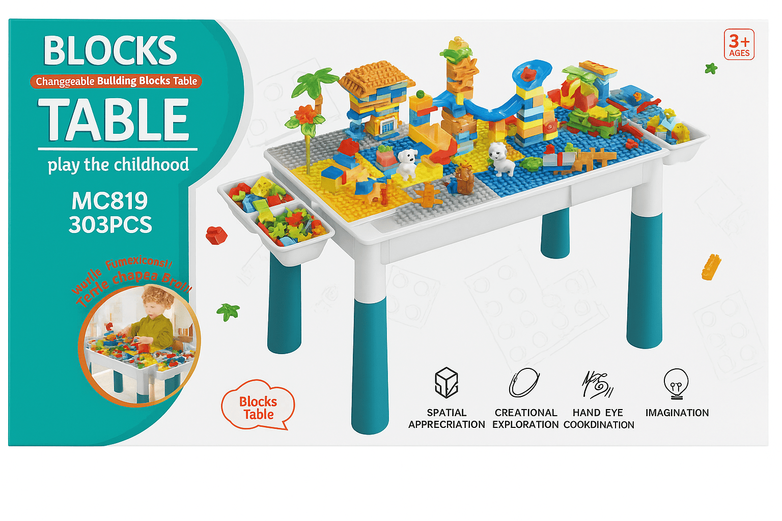 Mesa de Bloques Grande con Sillas y 303 Piezas Infantil