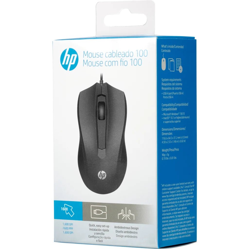 Mouse HP 100 Alambrico Optico 1600 DPI Ambidiestro PC