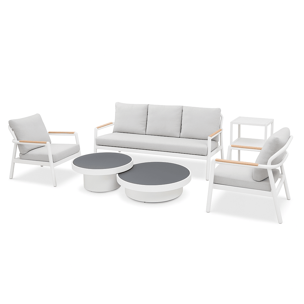 Set Living Exterior 6 Pzs Aluminio Gris Cojines Mesas Doble