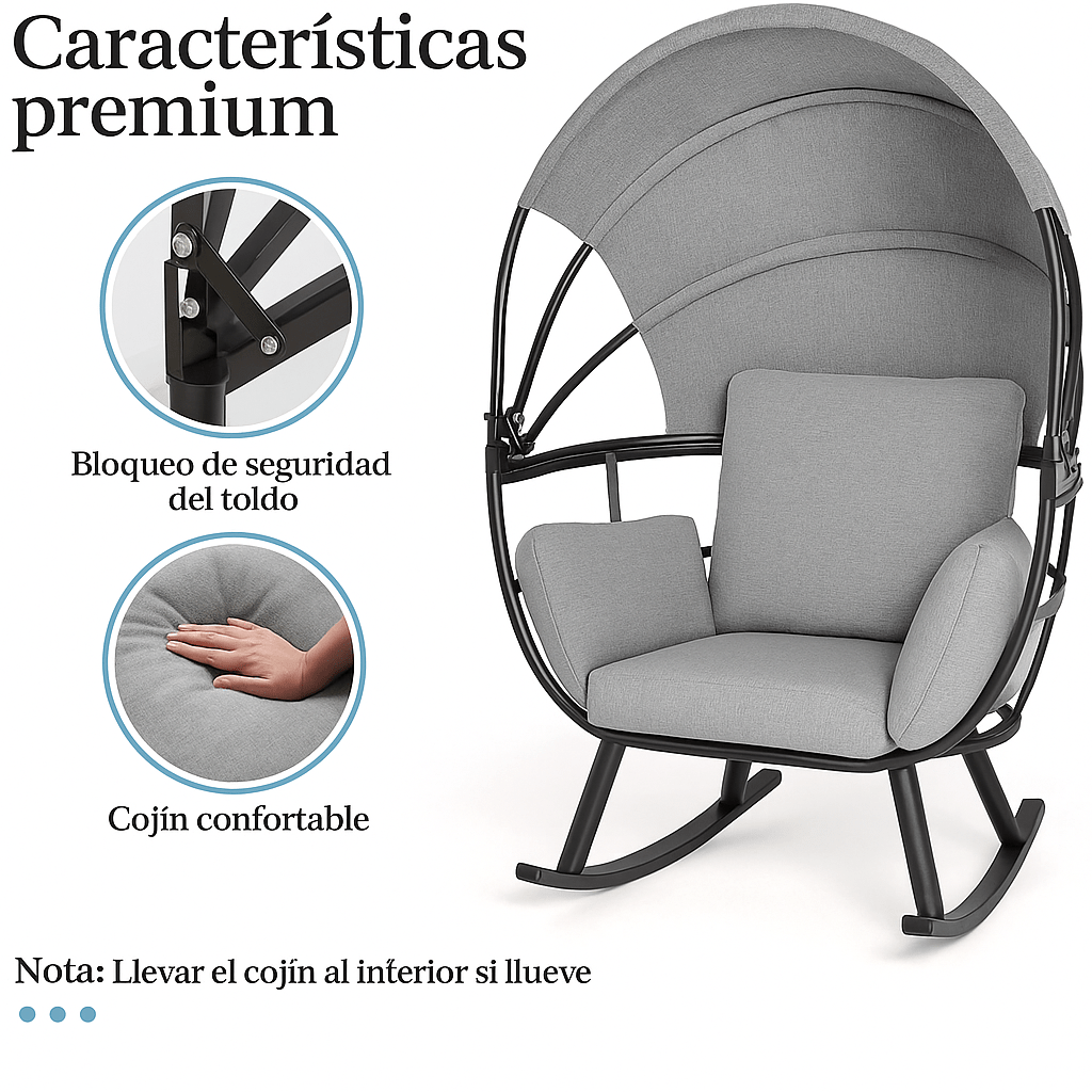 Silla Mecedora relax individual para terraza con cojines grises