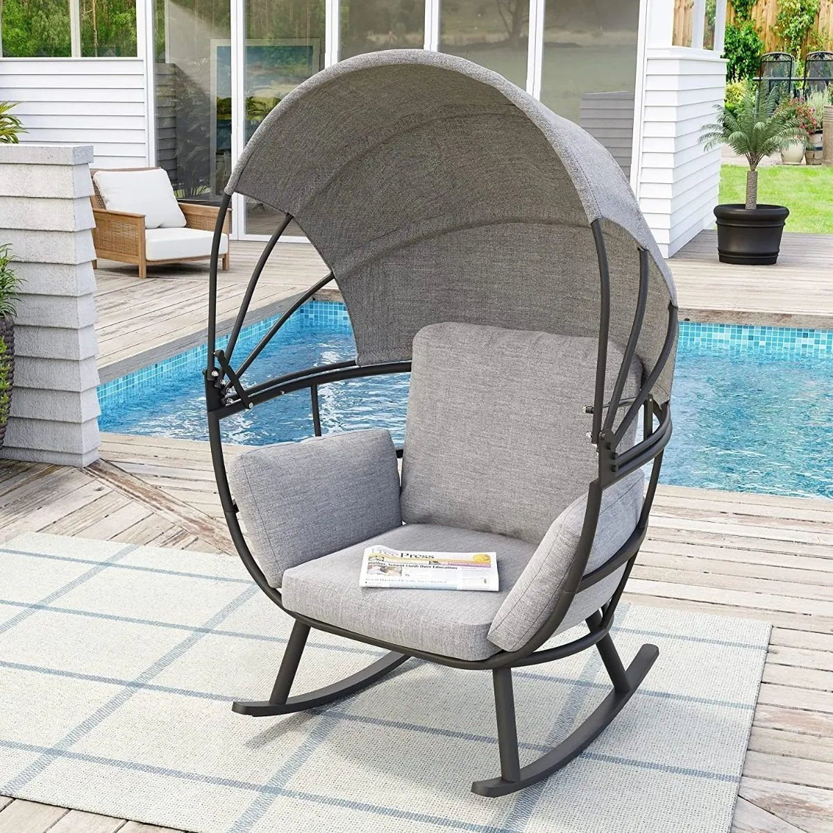 Silla Mecedora relax individual para terraza con cojines grises