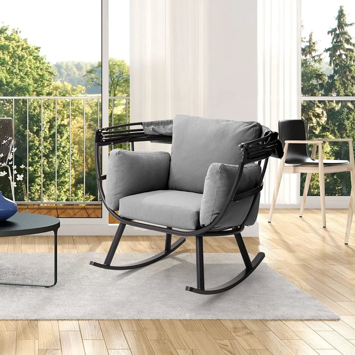 Silla Mecedora relax individual para terraza con cojines grises