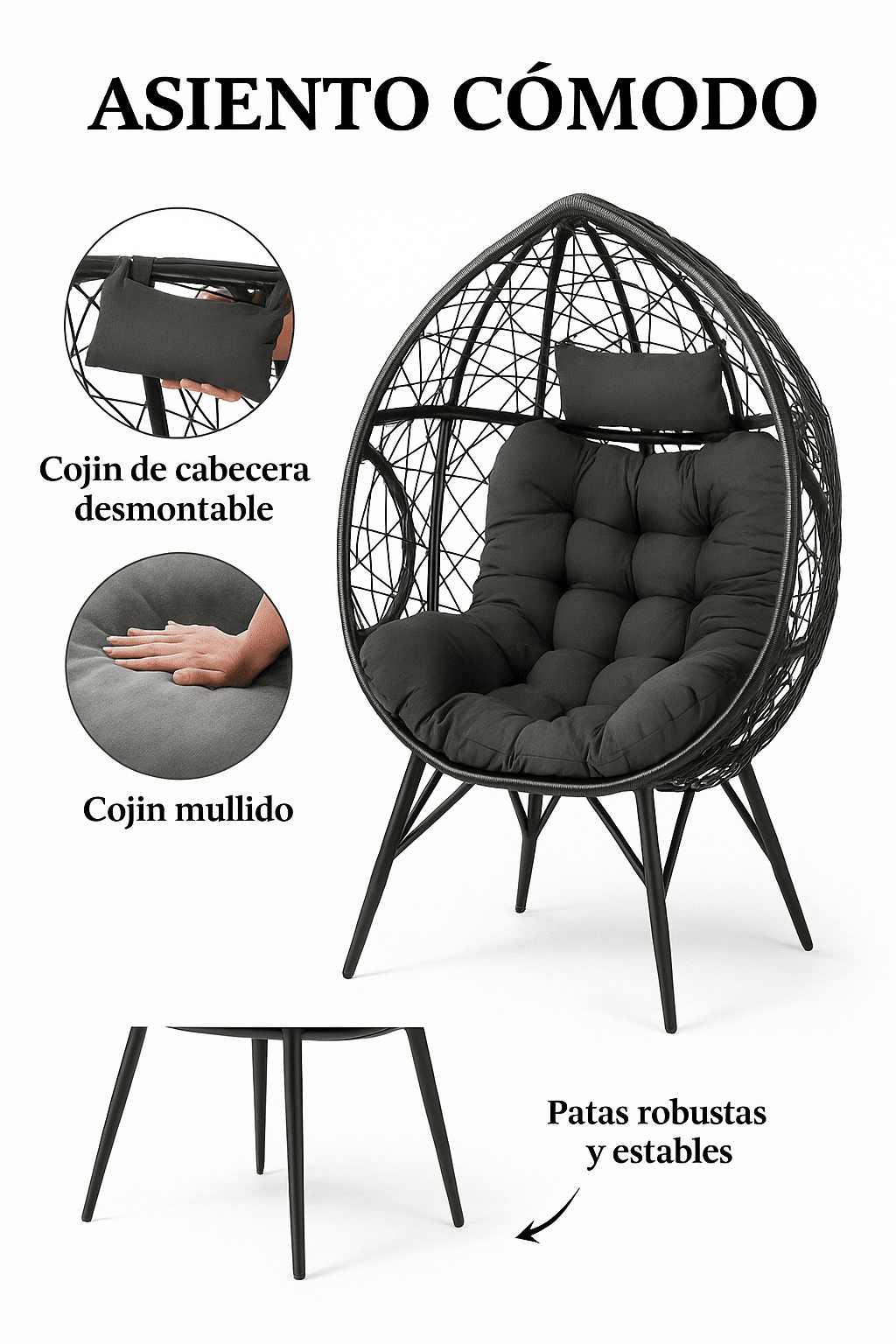 Sillón Huevo Diseño Moderno Interior Exterior Negro