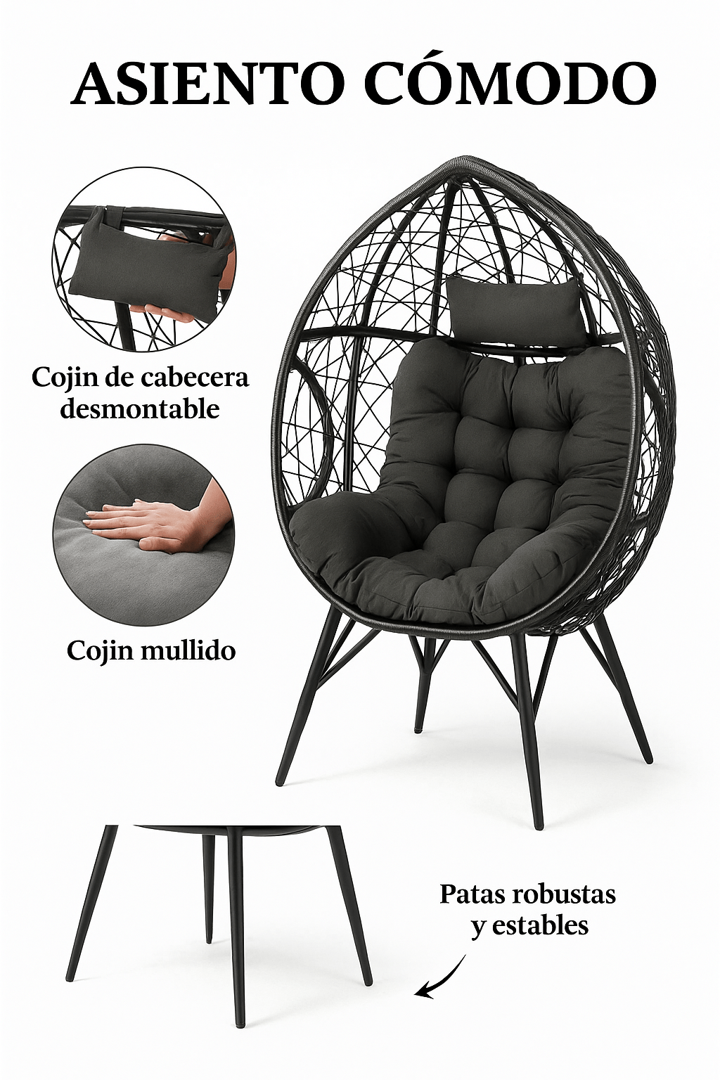 Sillón Huevo Diseño Moderno Interior Exterior Negro