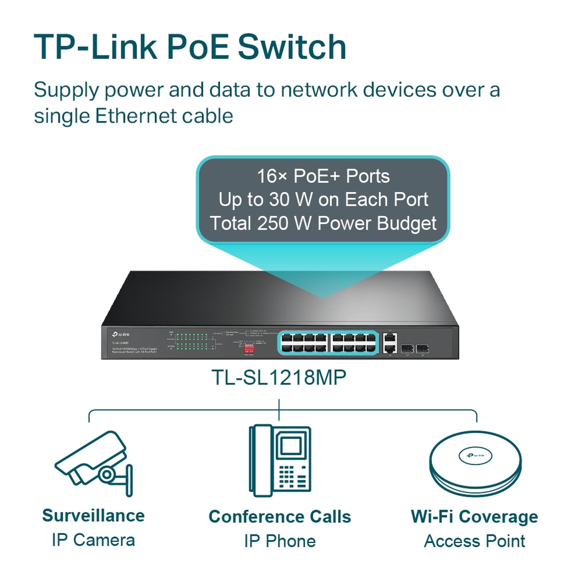 Switch 16 Puertos PoE + 2G + 2SFP TL - SL1218MP TP - Link