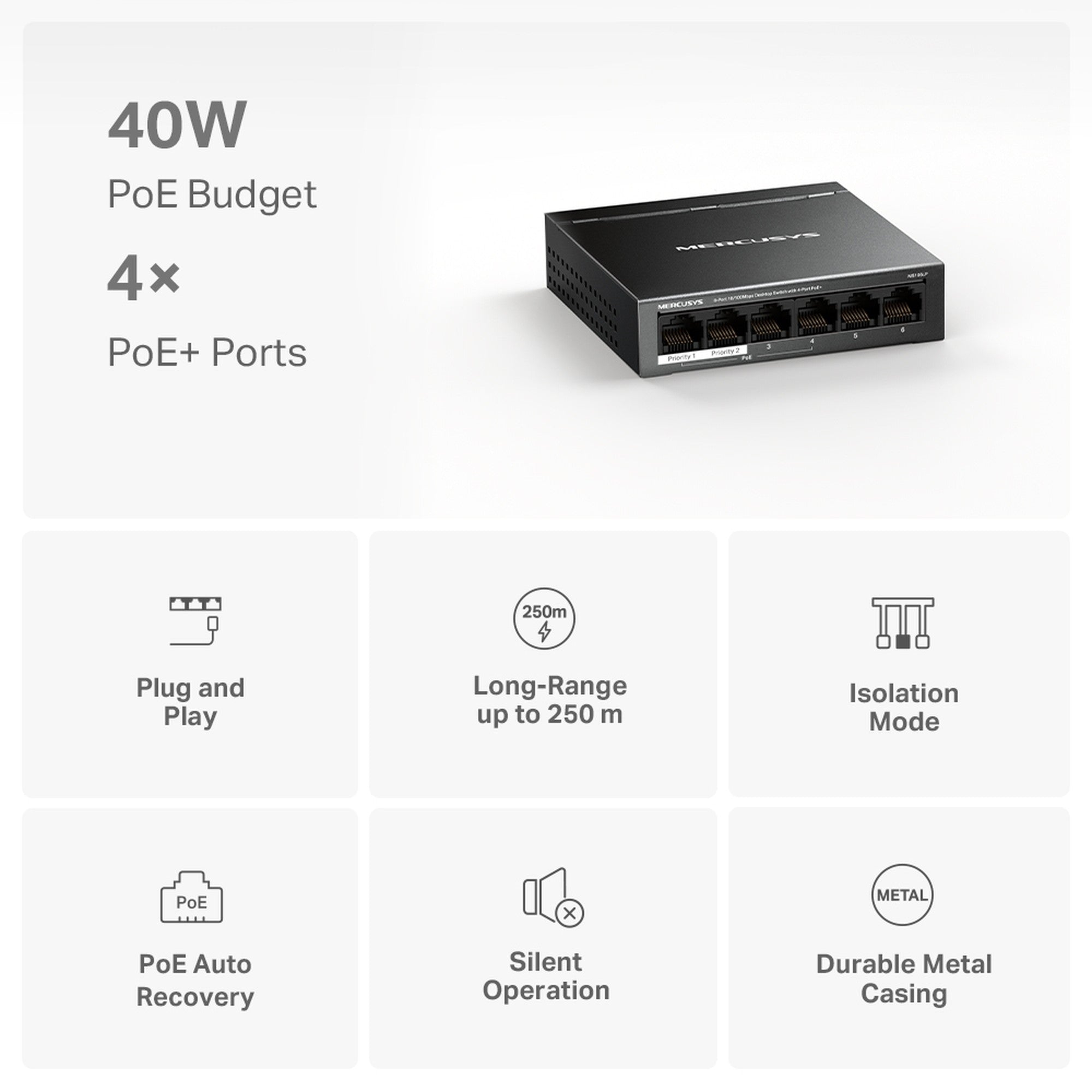 Switch 6 Puertos 4 PoE+ 65W MS106LP 100 Mbps