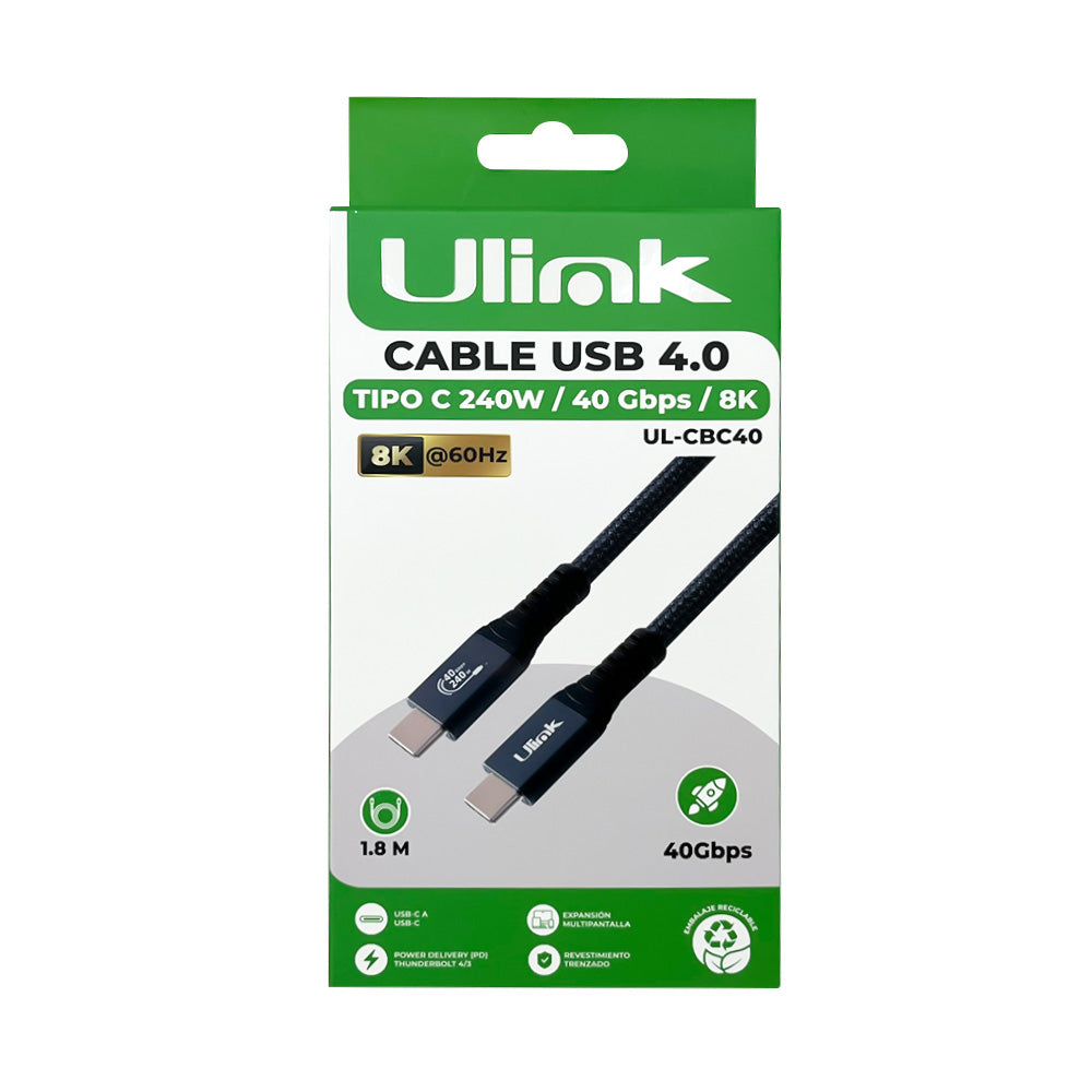 Cable USB 4.0 Tipo C 240W 40Gbps 8K 1.8m Ulink