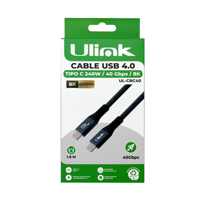 Cable USB 4.0 Tipo C 240W 40Gbps 8K 1.8m Ulink