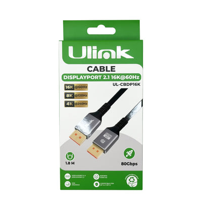 Cable DisplayPort 2.1 16K 60Hz 80Gbps 1.8m Ulink