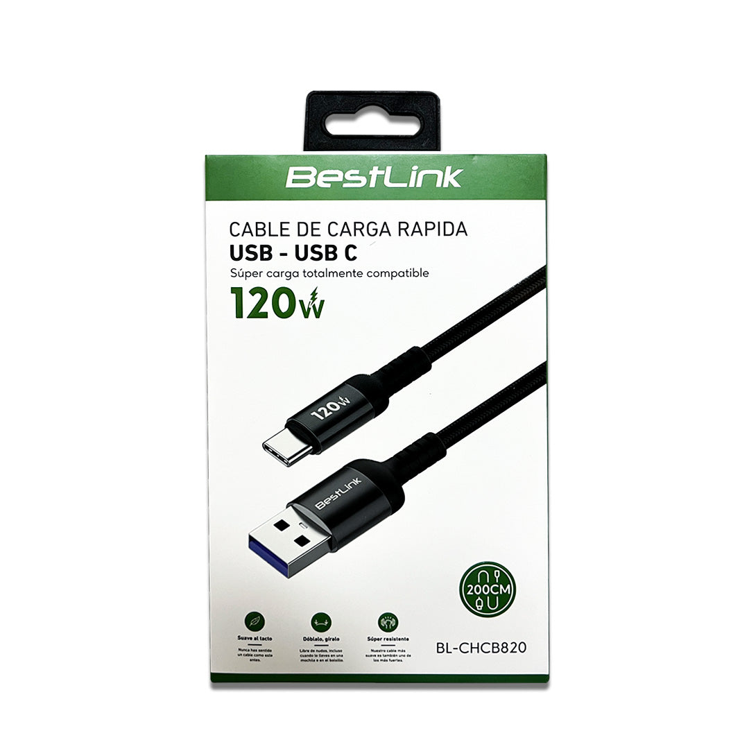 Cable USB A a USB C Carga Rápida 120W 2Mts Resistente y Anti