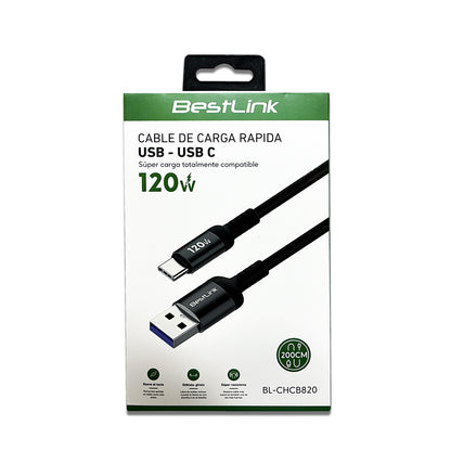 Cable USB A a USB C Carga Rápida 120W 2Mts Resistente y Anti