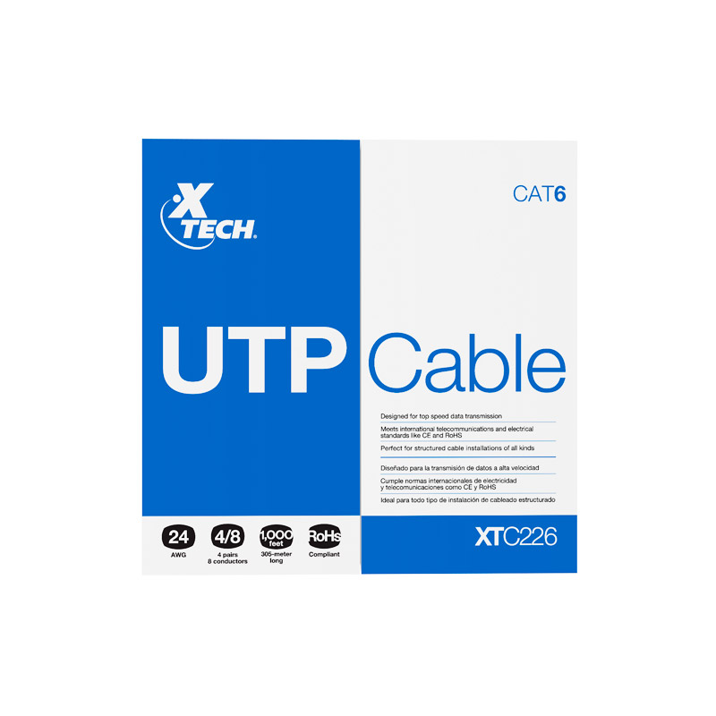 Cable de Red Cat6 Utp 305 mts 24 Awg XTECH - cable pares