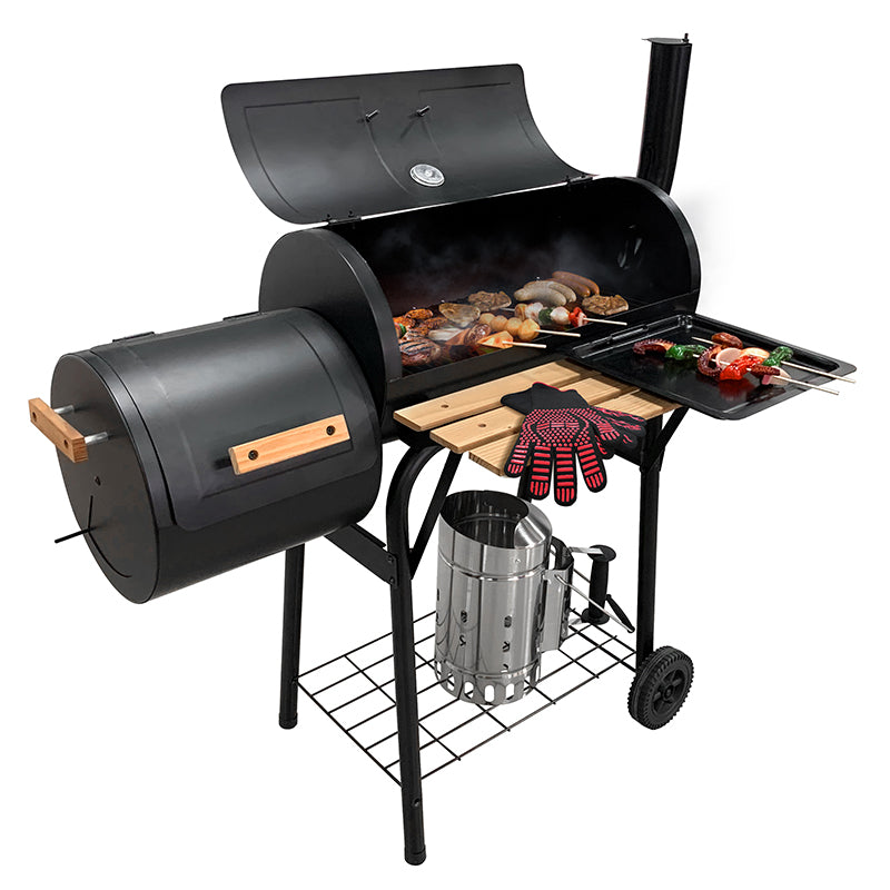 Parrilla Ahumadora Tipo Barril con Repisa y Ruedas
