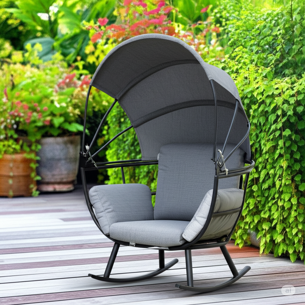 Silla Mecedora relax individual para terraza con cojines grises