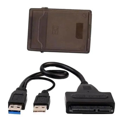 Adaptador USB 2.0 A Sata Con Doble USB + Puerto Dc + Caja Cable - color negro