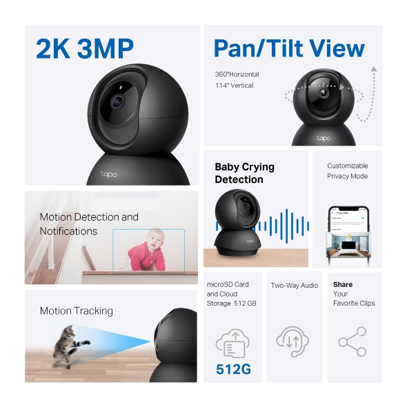 Camara de Seguridad Motorizada Wifi 3MP 2k Tapo C211 Negra