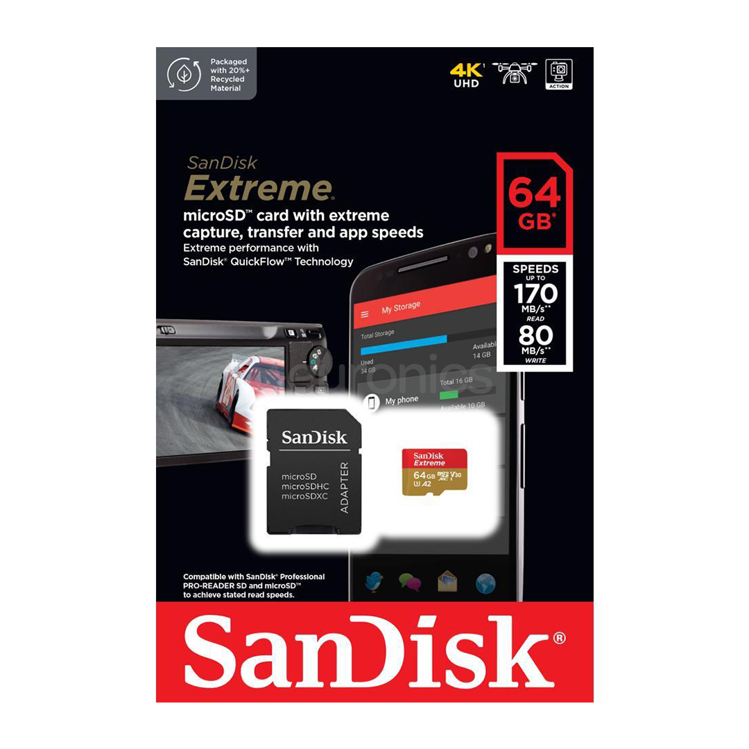 Tarjeta de Memoria MicroSD 64GB Sandisk Extreme 170MB/80MB/s - tarjeta memoria