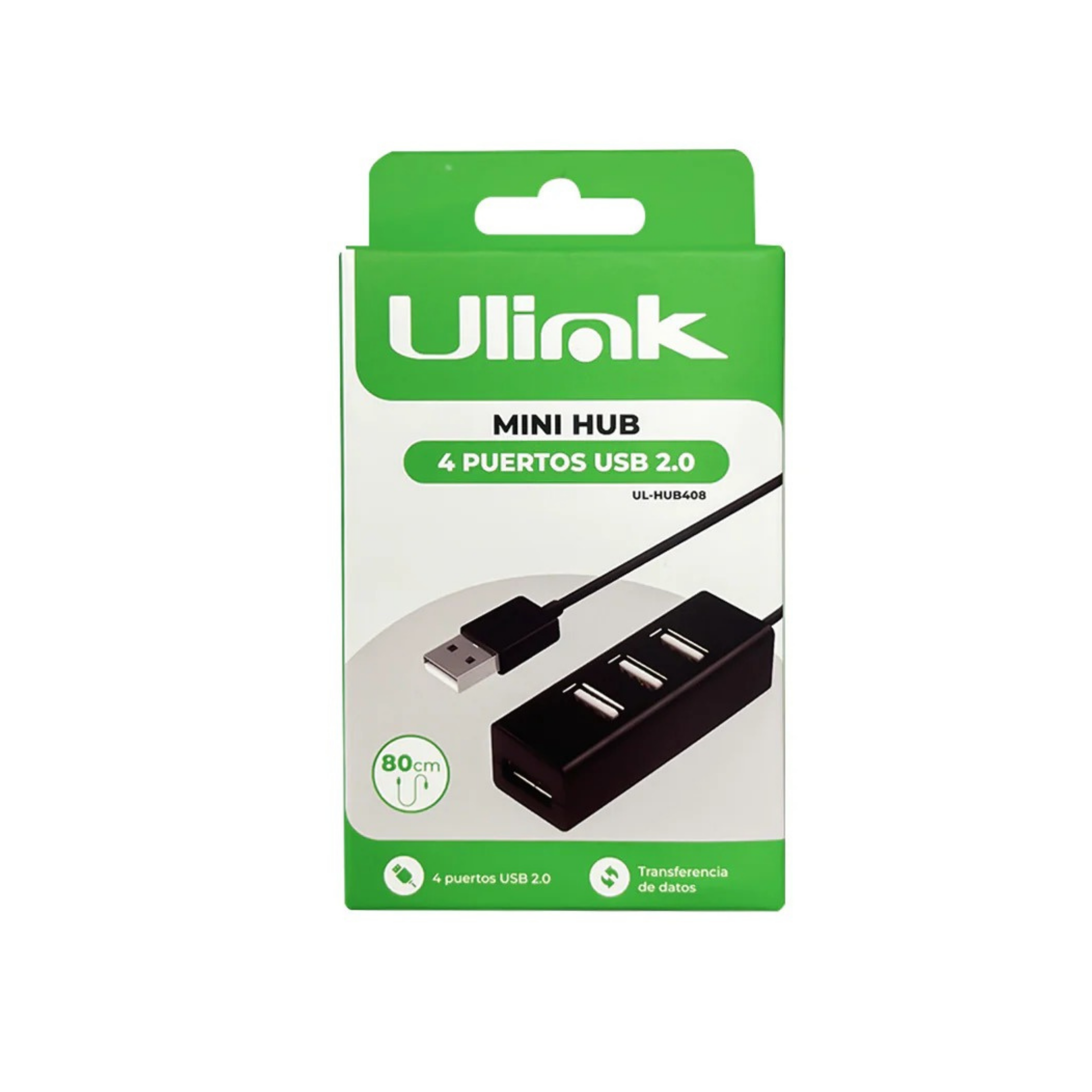 un práctico expansor con cuatro puertos USB 2.0 tipo A. Diseñado para notebooks, computadoras de escritorio y equipos ultradelgados, permite conectar múltiples dispositivos de manera rápida y sencilla.