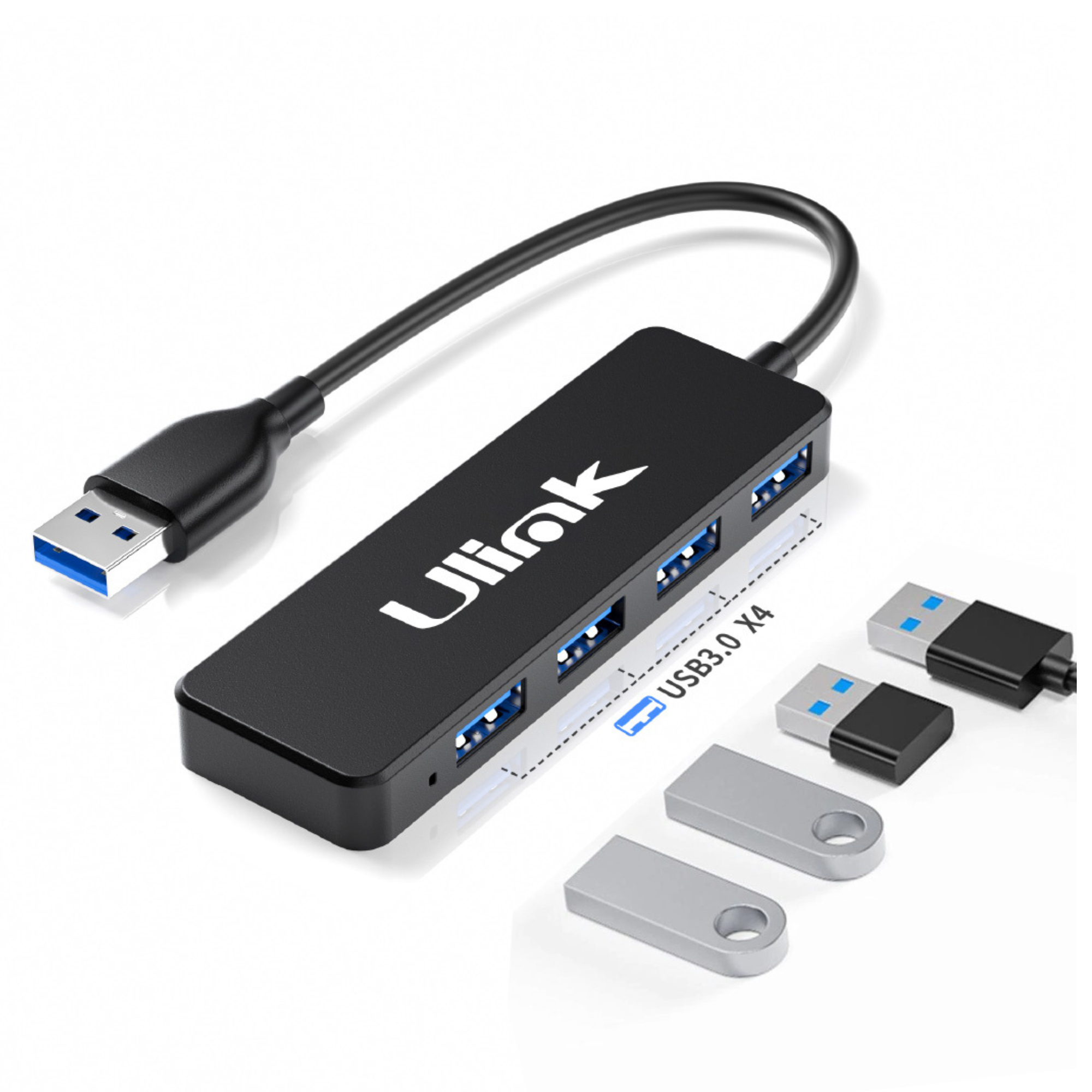 El Ulink UL-HUB300 es un mini hub USB 3.0 de 4 puertos que te permite expandir rápidamente la conectividad de tu ordenador o notebook sin esfuerzo