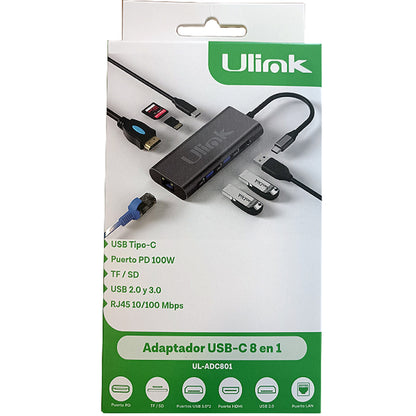Adaptador Multipuerto USB C 8 en 1 Ulink Alta Calidad - adaptador multipuerto