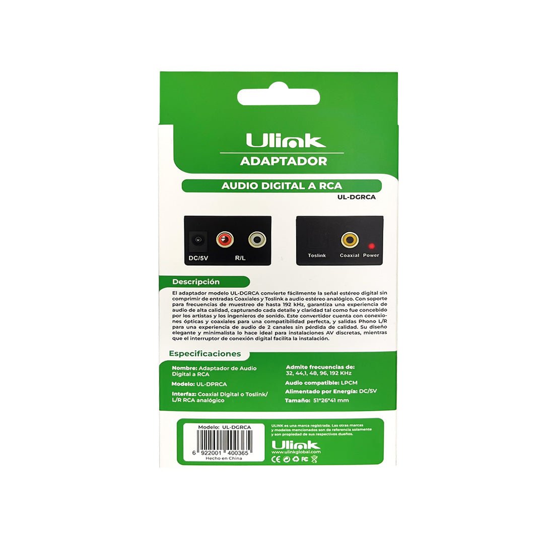 Adaptador Audio Óptico Toslink a Analógico RCA UlinkUlinkItems Digital Spa – Tecnología, Hogar y Fitness en un solo lugar