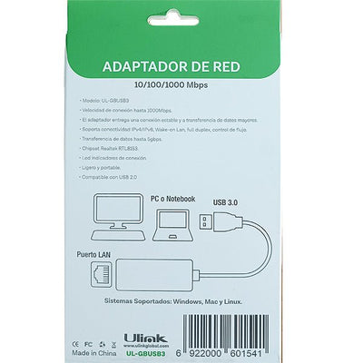 Adaptador USB 3.0 a Gigabit Ethernet 1000Mbps UL - GBUSB3ULINKItems Digital Spa – Tecnología, Hogar y Fitness en un solo lugar