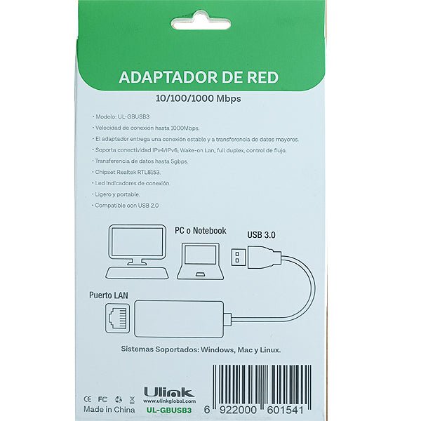 Adaptador USB 3.0 a Gigabit Ethernet 1000Mbps UL - GBUSB3ULINKItems Digital Spa – Tecnología, Hogar y Fitness en un solo lugar