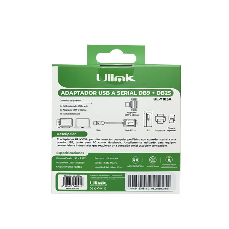 Adaptador USB a Serial DB9 + DB25 Ulink UL - Y105A