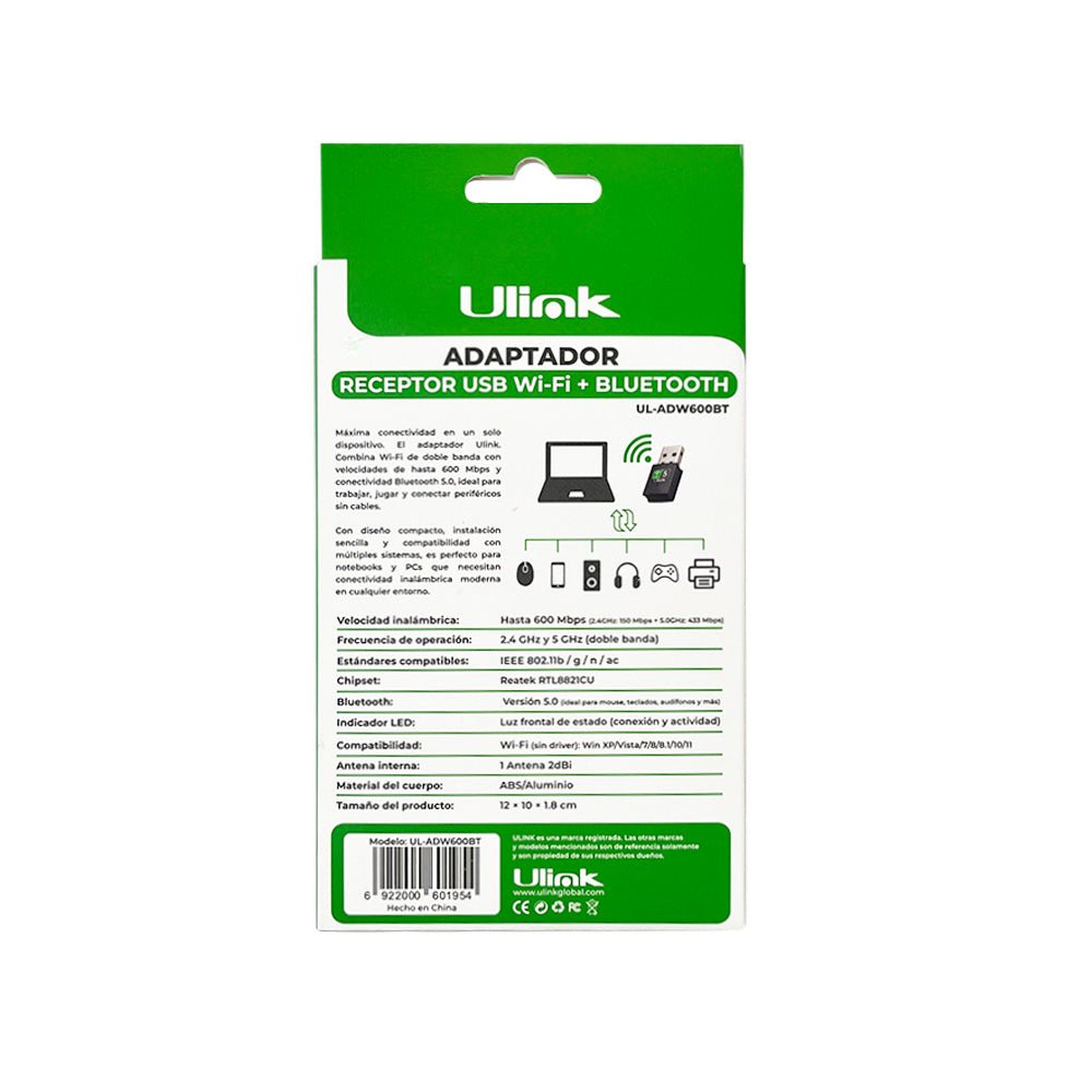 Adaptador USB Wi - Fi 600 Mbps Bluetooth 5.0 UL - ADW600BT