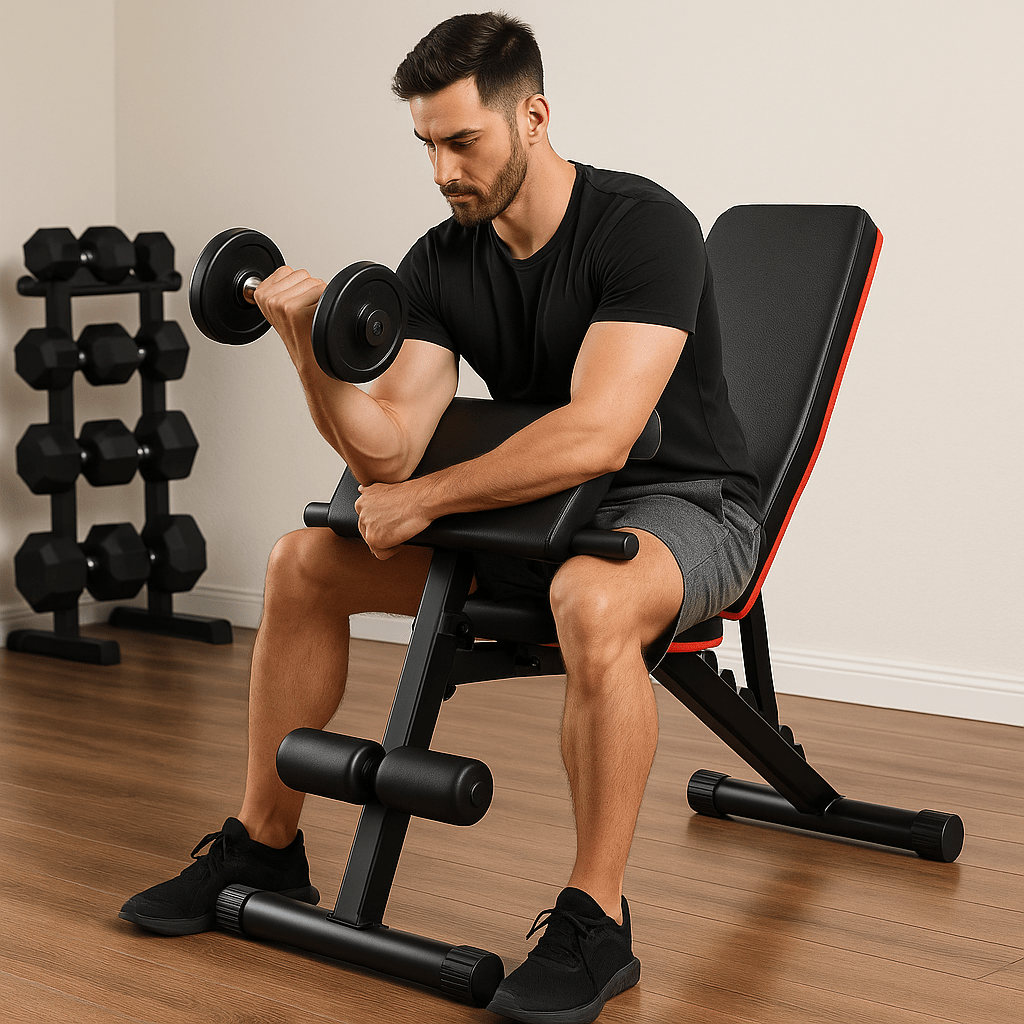 Banco ajustable para gimnasio en casa con soporte predicador