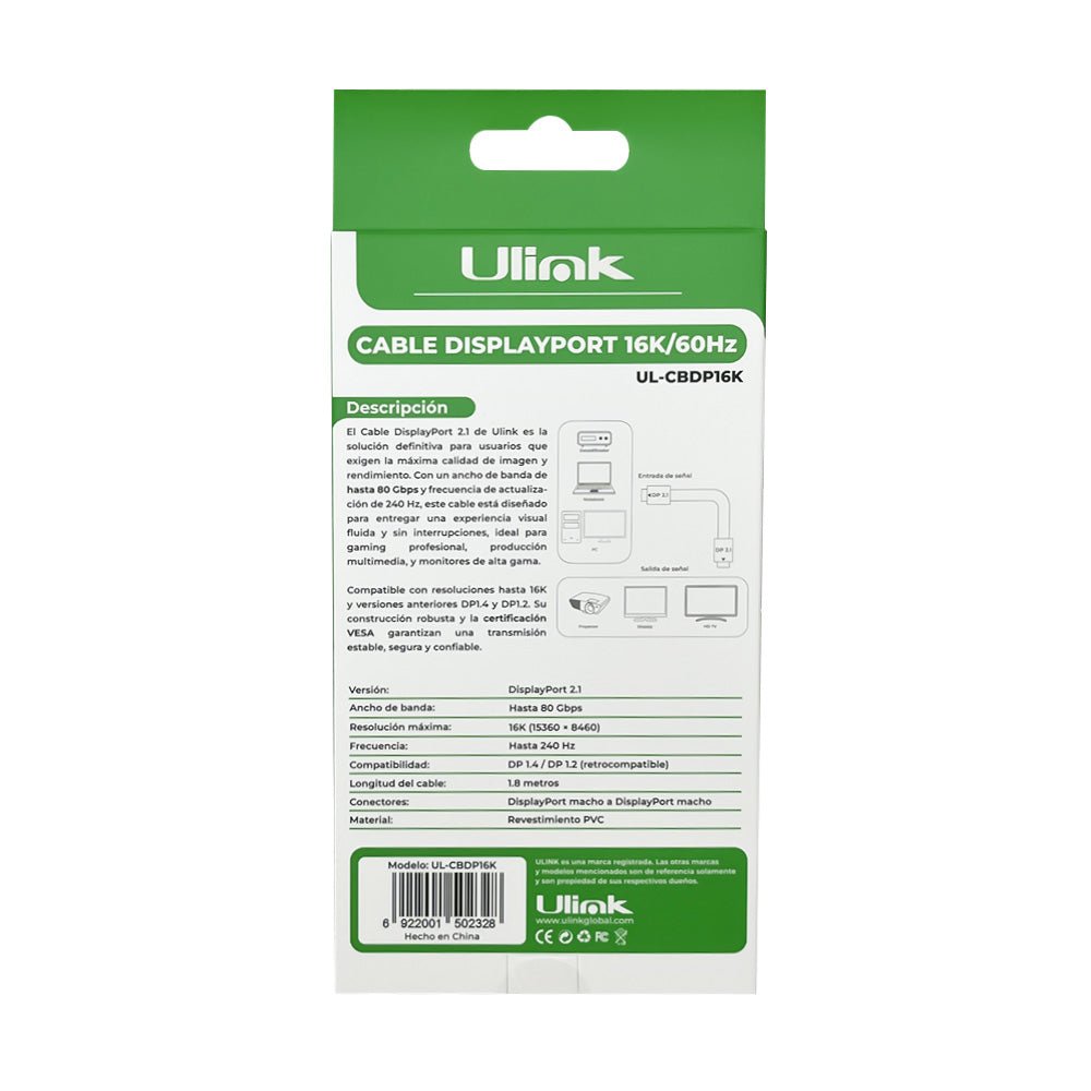 Cable DisplayPort 2.1 16K 60Hz 80Gbps 1.8m Ulink