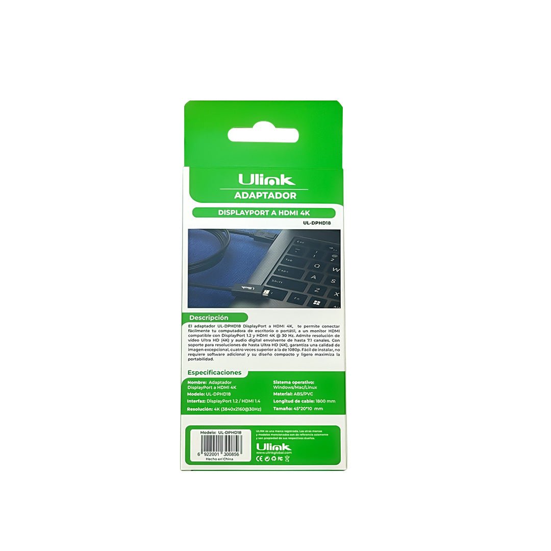 Cable DisplayPort a HDMI 4K 1,8m UL - DPHD18