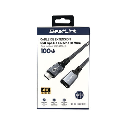 Cable Extension USB Tipo C a C Macho Hembra 100W 20Gb 4K 1,8